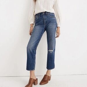 Madewell Classic Straight Jean Raw Hem Ankle High Rise Knee Rip Sz 32